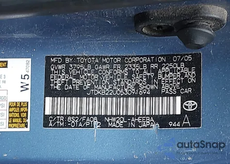 2005 Toyota Prius from USA, damaged, VIN JTDKB22U053091694